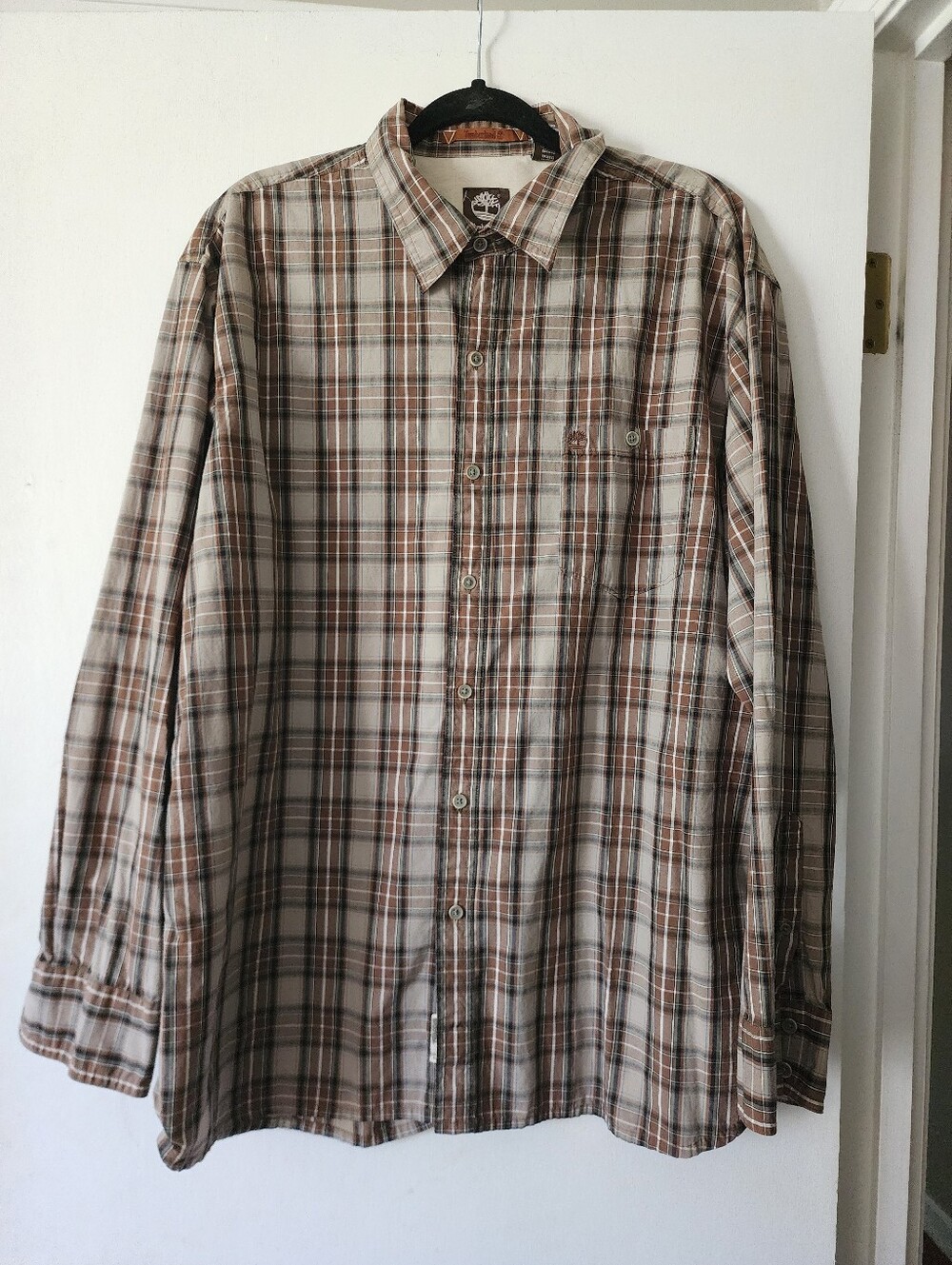 Timberland Men's Plaid Long Sleeve Button-Up Front Shirt XL Brown/Beige/gray